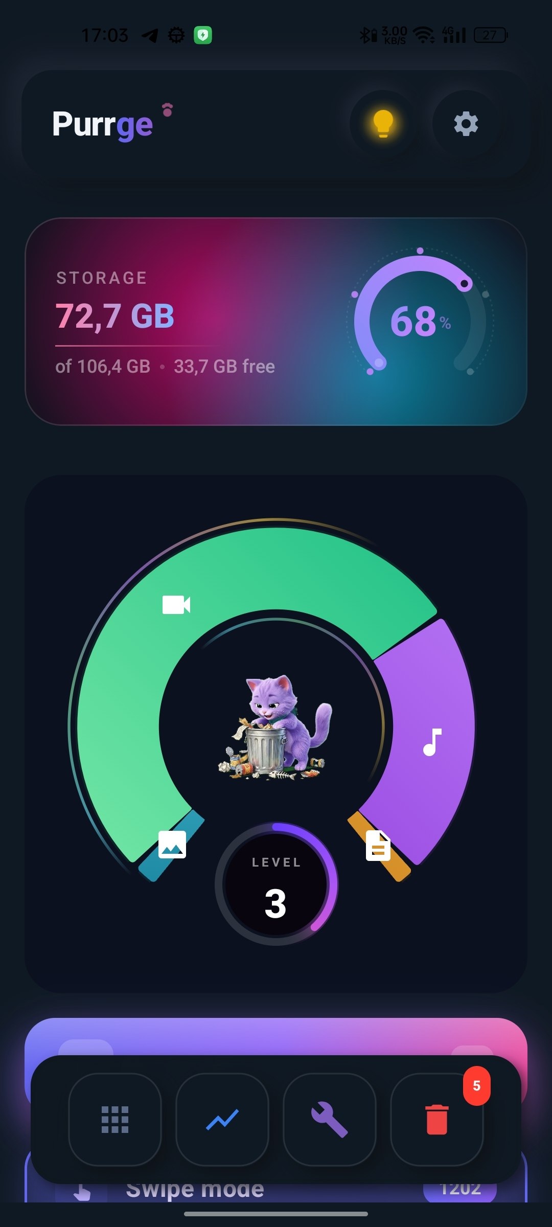 Purrge storage dashboard and virtual companion